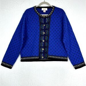 Vintage Tally-Ho Cardigan Petite Large Blue Boiled Wool Fair Isle Sweater